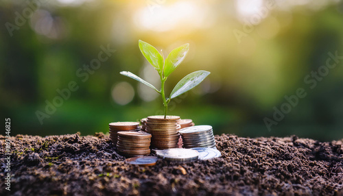 A seedling grows on a coin lying on the ground