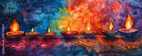 A watercolor painting of a colorful Diwali scene with diyas lit, rangoli designs on the floor, and fireworks exploding in the sky.