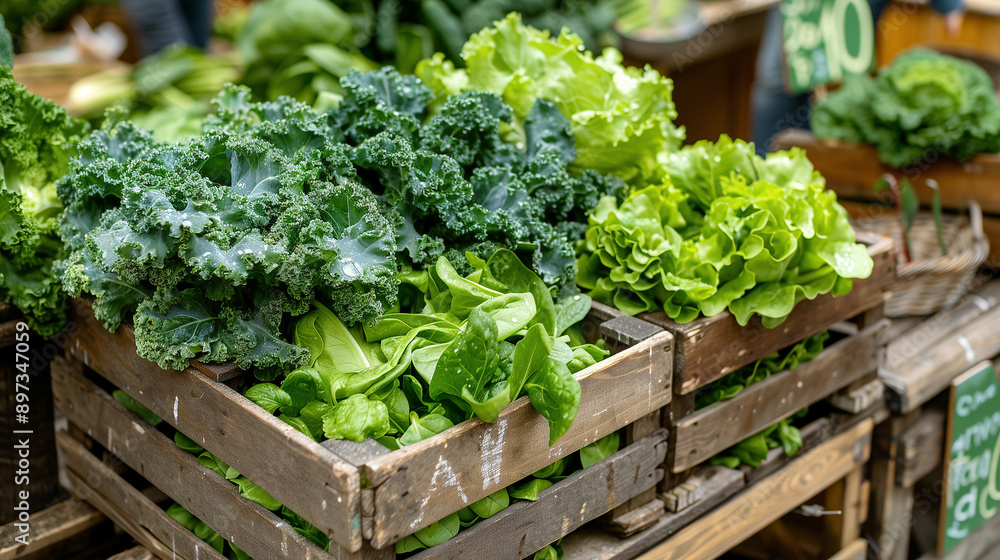 Fresh assortment of kale, chard, spinach and lettuce in wooden crates Fresh assortment of kale, chard, spinach and lettuce in wooden crates