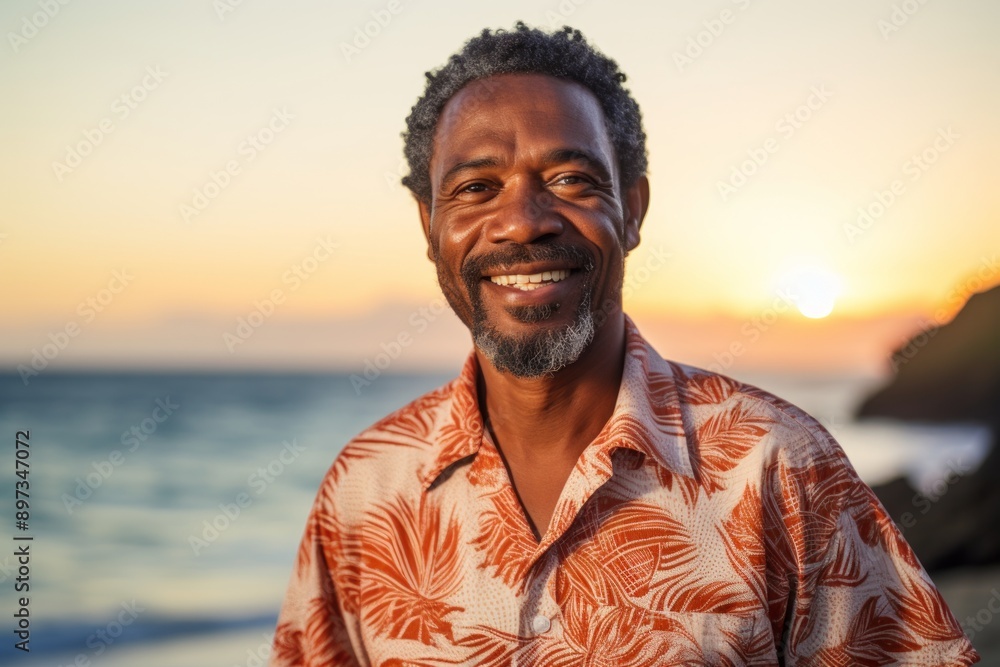 Portrait of a cheerful afro-american man in his 40s sporting a breathable hiking shirt over beautiful beach sunset Portrait of a cheerful afro-american man in his 40s sporting a breathable hiking shirt over beautiful beach sunset
