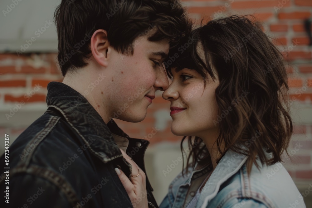Portrait of a jovial caucasian couple in their 20s standing face to face having intimate romantic moment Portrait of a jovial caucasian couple in their 20s standing face to face having intimate romantic moment