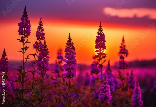 Wallpaper Mural floral silhouettes set vibrant sunset rich hues purple creating stunning visual contrast, orange, pink, flowers, nature, sky, evening, landscape, beauty Torontodigital.ca