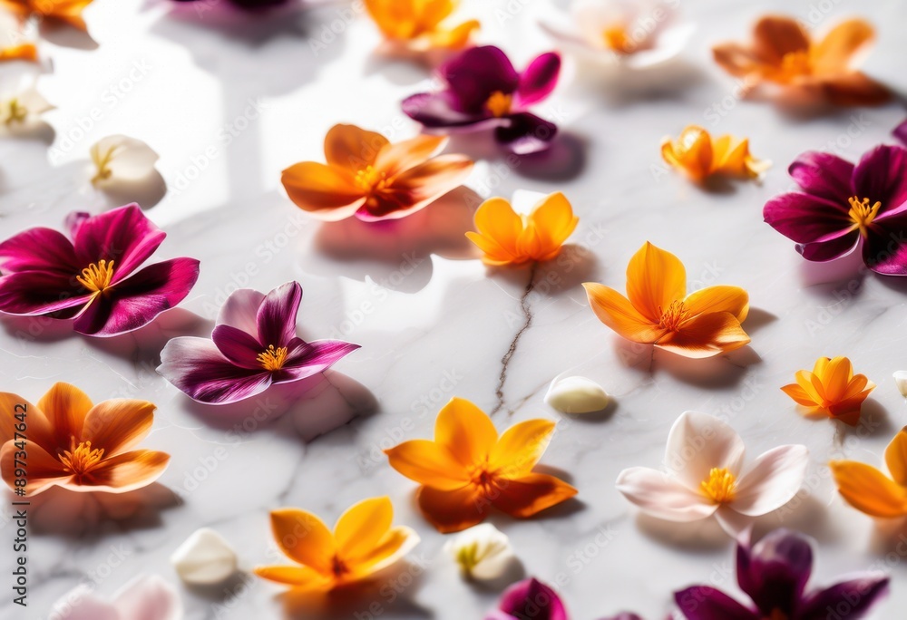 Obraz premium delicate flower petals resting elegantly smooth marble showcasing beautiful contrast colors textures, surface, beauty, elegance, nature, design, decor