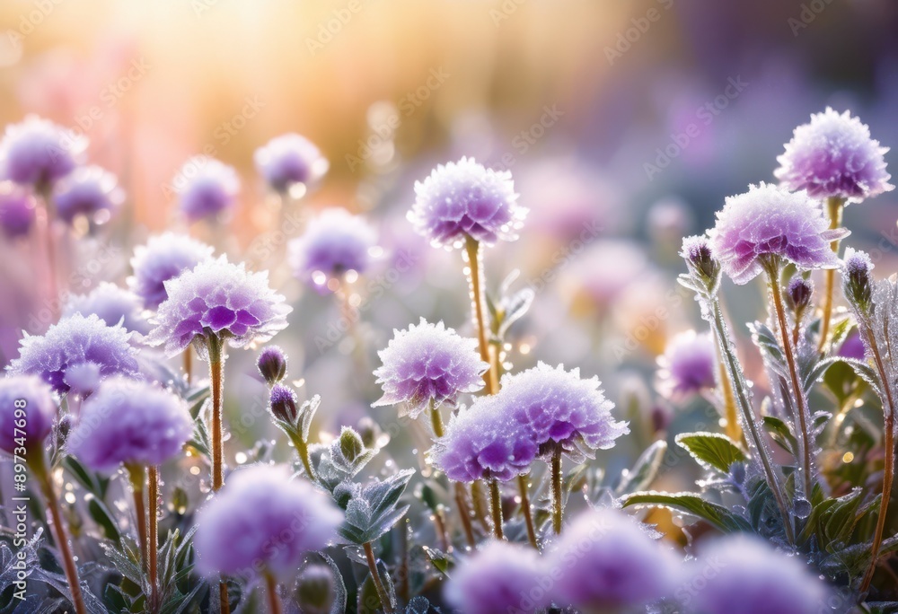 Fototapeta premium frost kissed flowers illuminated soft early morning light amidst tranquil garden setting, petals, dew, nature, bloom, sunlight, beauty, colors, freshness