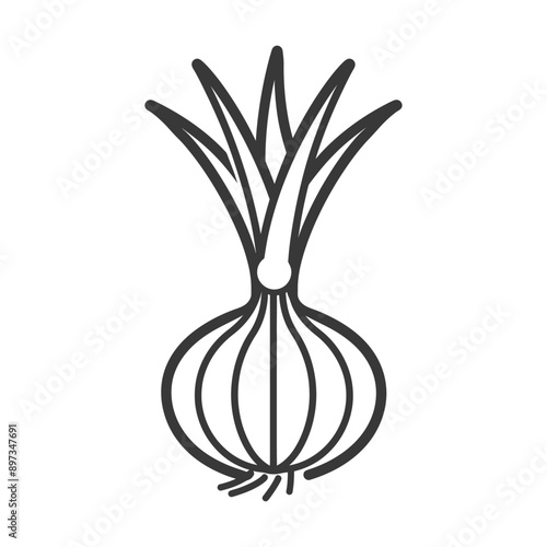 Line art illustration of a whole onion with green shoots