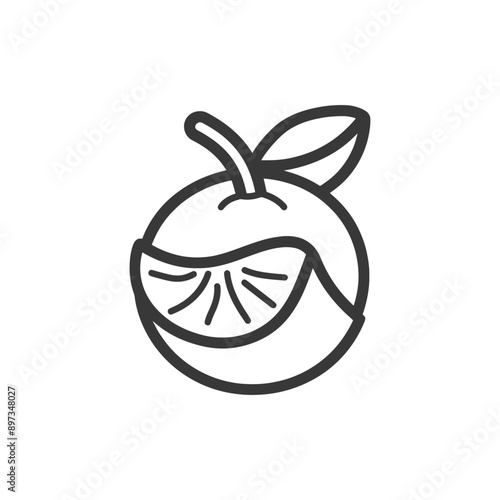 A Line Drawing of a Partially Peeled Orange with a Leaf