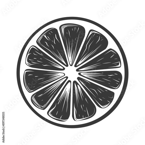 Black and White Hand Drawn Illustration of a Sliced Citrus Fruit