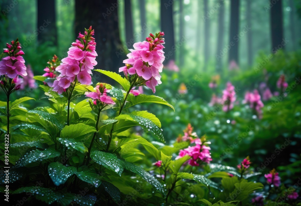 Obraz premium vibrant blooming flowers surrounded ethereal mist lush forest environment, petals, nature, greenery, landscape, trees, sunlight, flora, beauty, garden, colors
