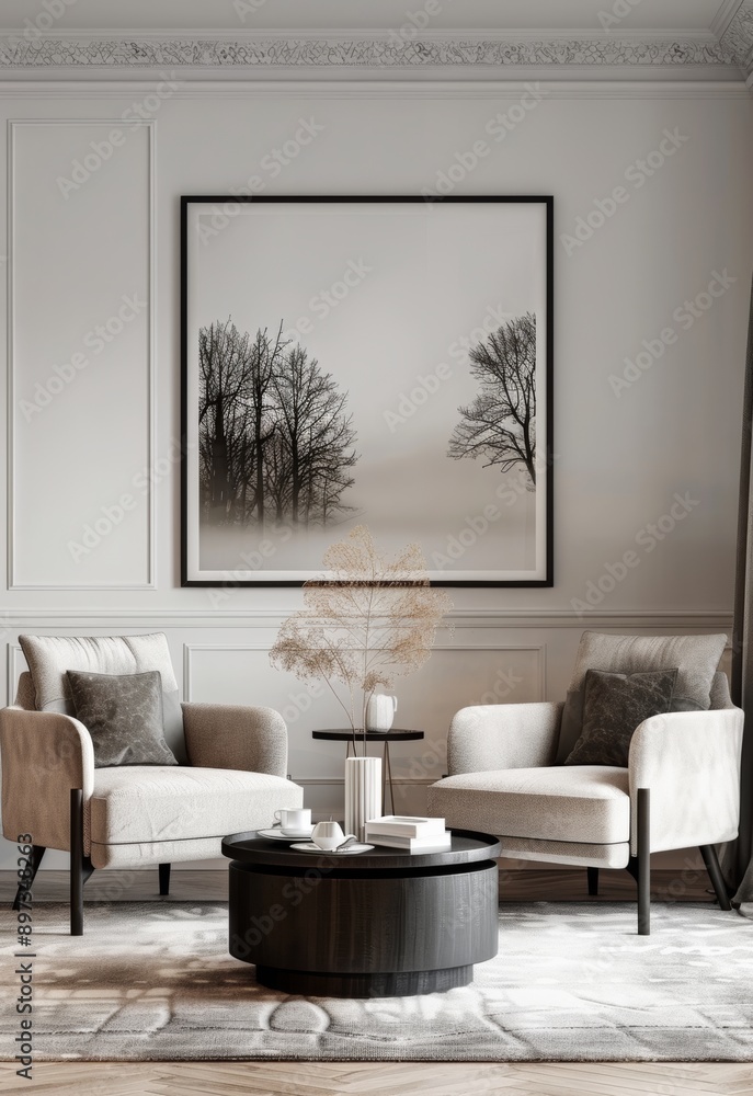 Modern living room interior with armchairs, sofa, coffee table and poster. Modern living room interior with armchairs, sofa, coffee table and poster.