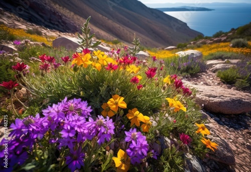 vibrant wildflowers flourishing amidst rugged rocky landscape showcasing resilience beauty, terrain, nature, growth, blossom, petal, flora, plant, garden