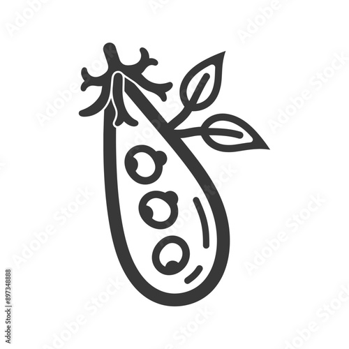 A single pea pod with three peas and a leaf stem