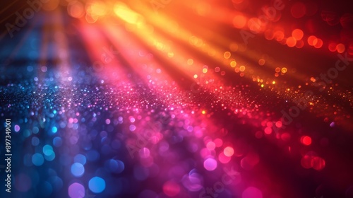 Colorful glitter background with light beams, abstract bokeh effect. Festive and vibrant concept