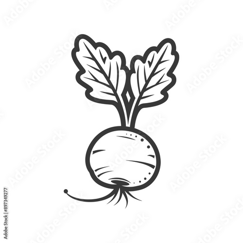Black and White Illustration of a Turnip with Leaves