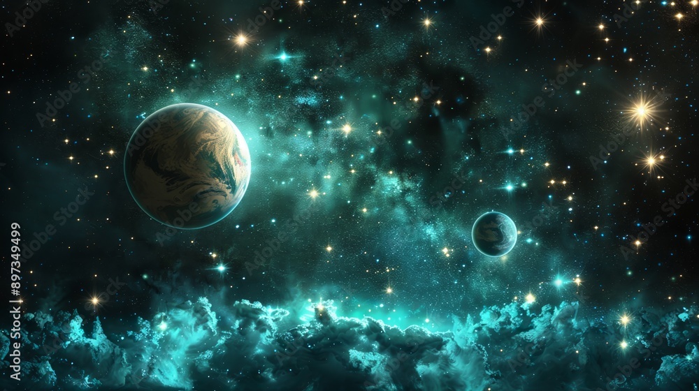 The turquoise nebula casts its glow on two planets amidst a myriad of stars in deep space The turquoise nebula casts its glow on two planets amidst a myriad of stars in deep space