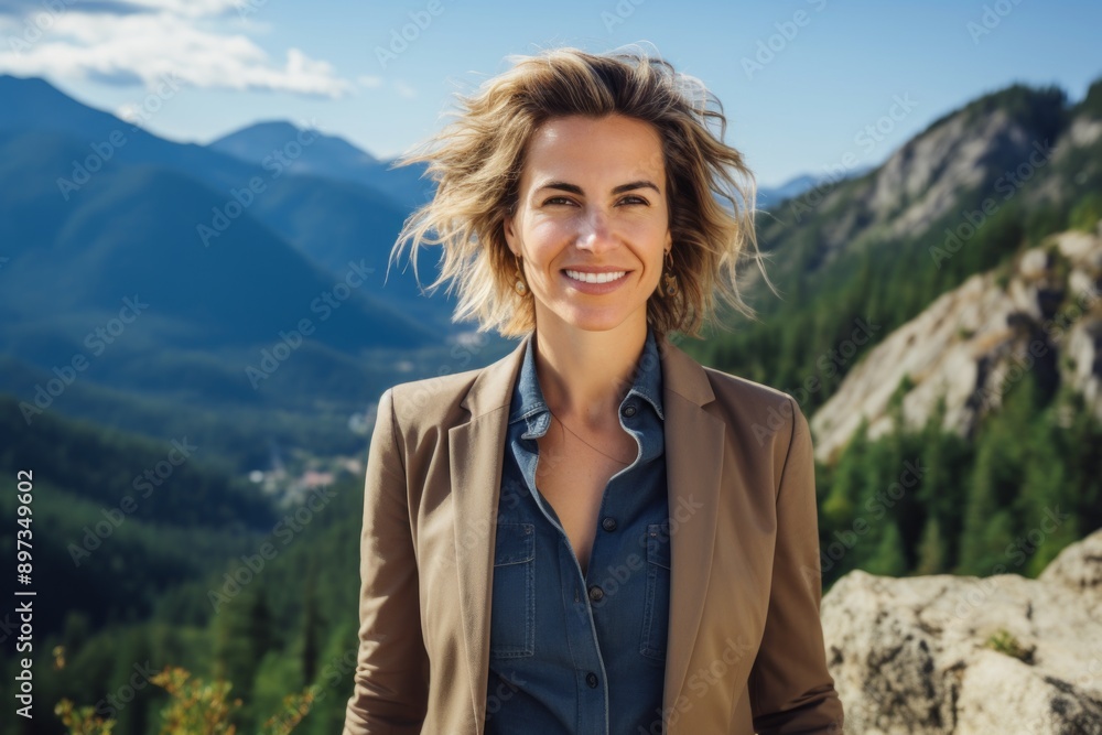Naklejka premium Portrait of a cheerful woman in her 40s dressed in a stylish blazer on backdrop of mountain peaks