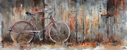 A watercolor painting of a vintage bicycle leaning against a rustic barn, its weathered frame and worn tires hinting at countless adventures. photo