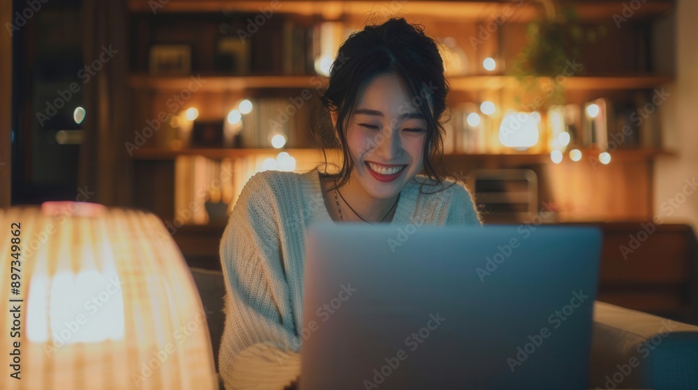 Thrilled Japanese woman with a beaming smile and laptop in a cozy home setting reflecting her success Thrilled Japanese woman with a beaming smile and laptop in a cozy home setting reflecting her success