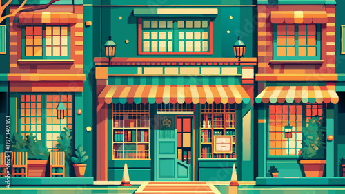 Inviting Bookstore Facade at Dusk with Warm Interior Lighting, AI Generation