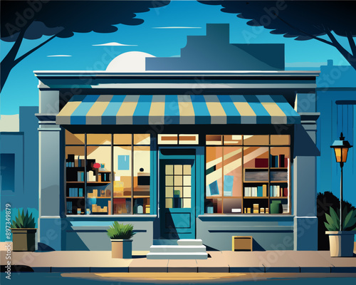 Inviting Bookstore Facade at Dusk with Warm Interior Lighting, AI Generation