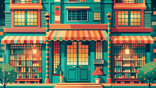 Inviting Bookstore Facade at Dusk with Warm Interior Lighting, AI Generation