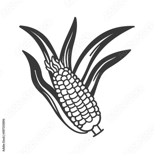 Black and White Illustration of a Single Ear of Corn with Husk