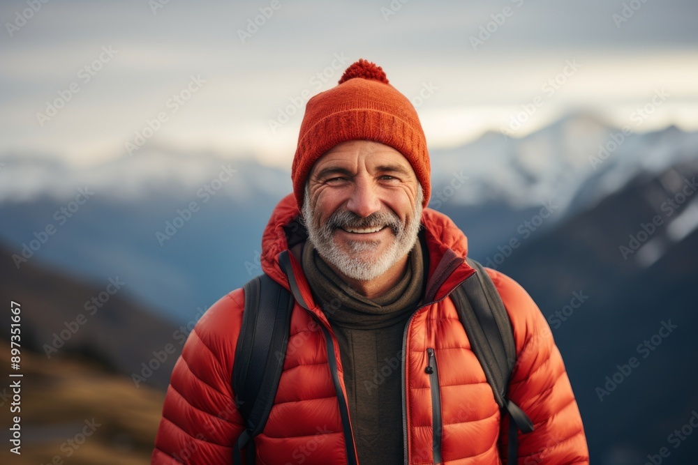 Portrait of a happy man in his 50s sporting a trendy beanie in front of backdrop of mountain peaks Portrait of a happy man in his 50s sporting a trendy beanie in front of backdrop of mountain peaks
