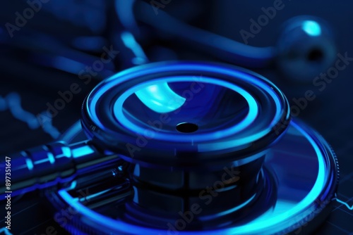 Stethoscope BlastBurst glowing blue light, capturing heartbeats with a vibrant hue, banner, with copy space