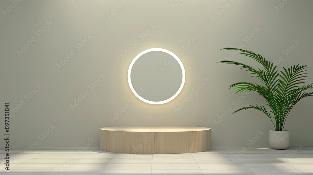 A modern bathroom with a gray wall, a floating vanity with drawers, and a large round mirror above the sink. There are green plants in pots on the vanity and on the floor A modern bathroom with a gray wall, a floating vanity with drawers, and a large round mirror above the sink. There are green plants in pots on the vanity and on the floor