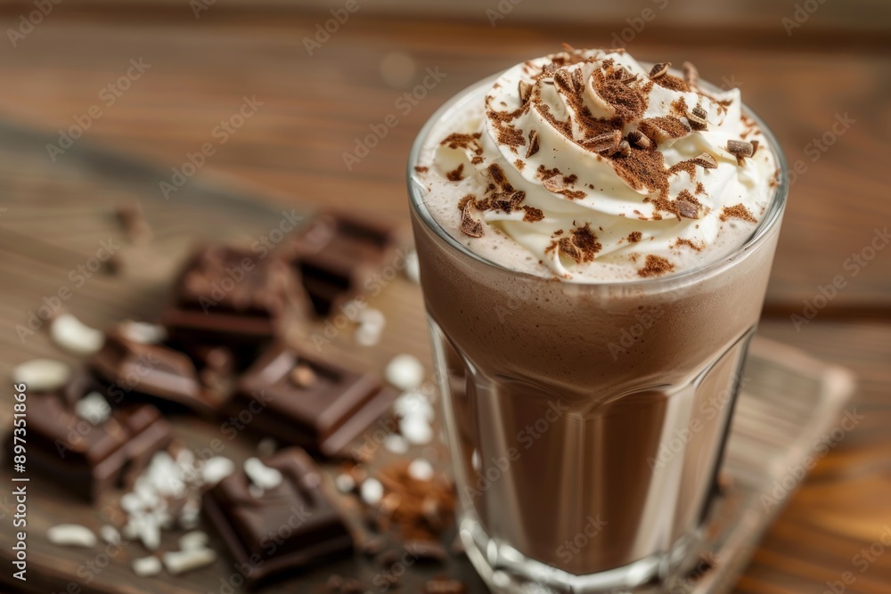 Chocolate milkshake topped with whipped cream and chocolate powder, sitting on a rustic wooden table with pieces of chocolate Chocolate milkshake topped with whipped cream and chocolate powder, sitting on a rustic wooden table with pieces of chocolate