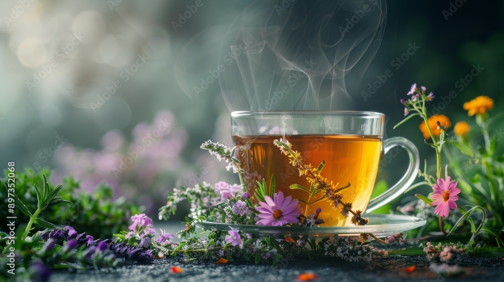 herbal tea presentation, perfect for herbal tea lovers, a cup of hot herbal tea with fresh herbs and flowers, set against a blank background perfect for adding your own text herbal tea presentation, perfect for herbal tea lovers, a cup of hot herbal tea with fresh herbs and flowers, set against a blank background perfect for adding your own text