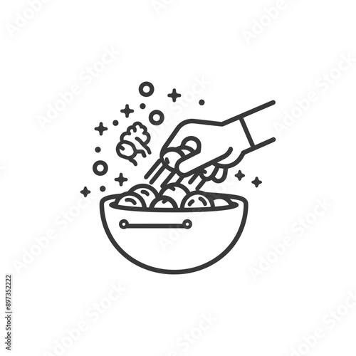 Line art illustration of a hand using chopsticks to pick up food from a bowl