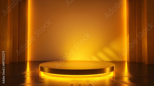 uturistic soft yellow dark podium with light and reflection background photo