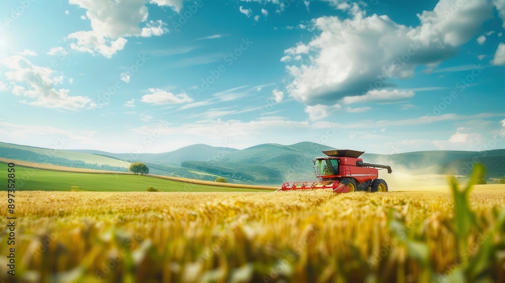 A modern combine harvester working in a corn field in the distance, wide shot, photo of a combine cutting corn under a bright sky, with green fields and a picturesque mountain background. A modern combine harvester working in a corn field in the distance, wide shot, photo of a combine cutting corn under a bright sky, with green fields and a picturesque mountain background.