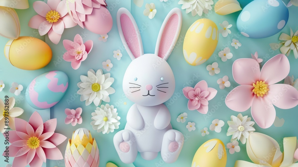 Obraz premium Adorable pastel bunny surrounded by Easter eggs in 3D paper art, Happy Easter Day!