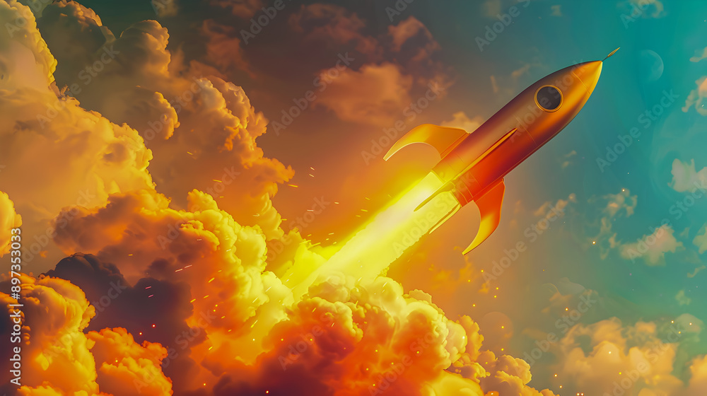 Fototapeta premium A surreal digital art piece depicting a golden rocket launching from a curved arrow in a dynamic pose with an extreme closeup view