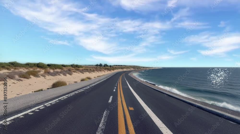 An asphalt road is on the edge of the beach with calm waves. An asphalt road is on the edge of the beach with calm waves.