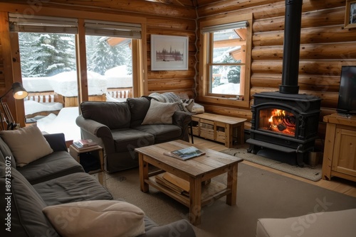 Warm and inviting living room in a log cabin featuring a cozy fireplace and comfortable seating, surrounded by snowy winter scenery visible through the windows.