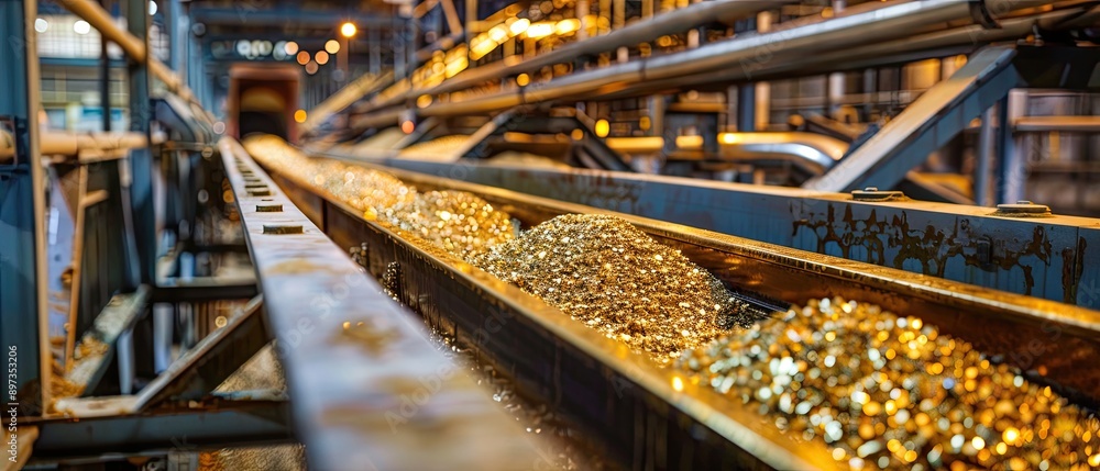 Gold processing plant with conveyor belts and high-tech machinery ...