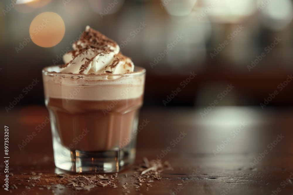 Delicious glass of hot chocolate topped with whipped cream and chocolate sprinkles sits on a bar Delicious glass of hot chocolate topped with whipped cream and chocolate sprinkles sits on a bar
