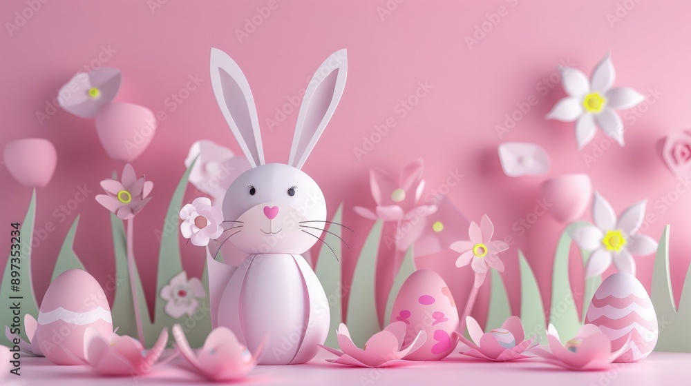 Bunny and Easter eggs in pastel 3D paper art, wishing you a Happy Easter Day. Bunny and Easter eggs in pastel 3D paper art, wishing you a Happy Easter Day.