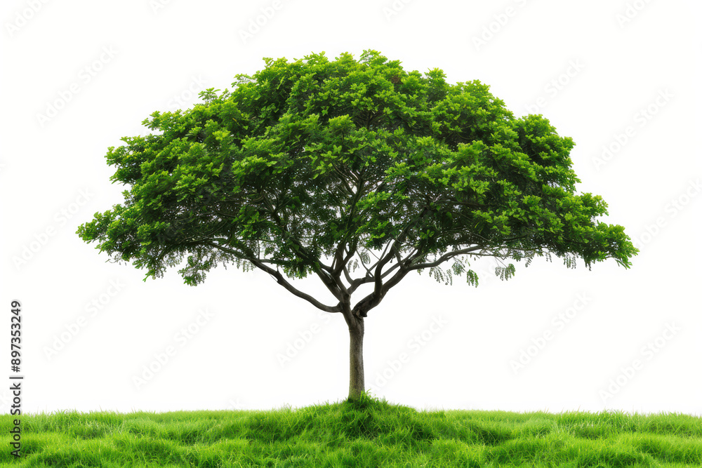 A solitary, lush green tree standing on vibrant grass against a clear white background, representing nature, serenity, and growth. A solitary, lush green tree standing on vibrant grass against a clear white background, representing nature, serenity, and growth.