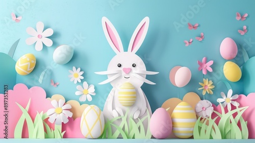 Bunny with pastel-colored Easter eggs in 3D paper art style, Happy Easter Day!