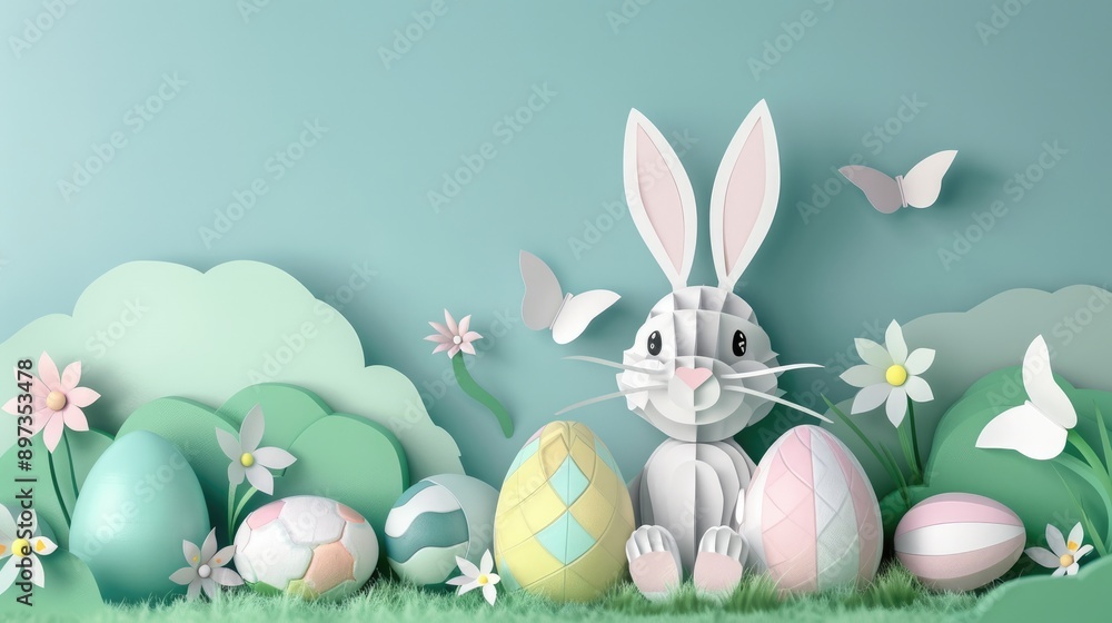 Bunny with pastel-colored Easter eggs in 3D paper art, wishing you a Happy Easter! Bunny with pastel-colored Easter eggs in 3D paper art, wishing you a Happy Easter!