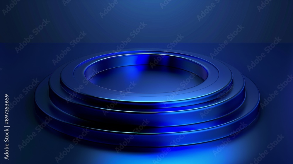Modern blue circular podium set against a dark gradient background creating a dramatic and captivating visual effect for product presentations or awards Modern blue circular podium set against a dark gradient background creating a dramatic and captivating visual effect for product presentations or awards
