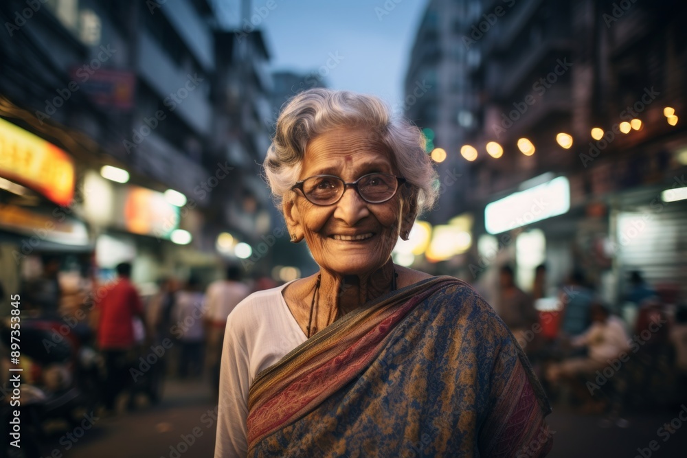 Portrait of a happy indian elderly woman in her 90s sporting a long-sleeved thermal undershirt while standing against bustling city street at night Portrait of a happy indian elderly woman in her 90s sporting a long-sleeved thermal undershirt while standing against bustling city street at night