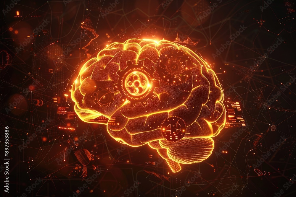 A glowing brain with gears turning inside, illustrating the creative process behind tech product development A glowing brain with gears turning inside, illustrating the creative process behind tech product development