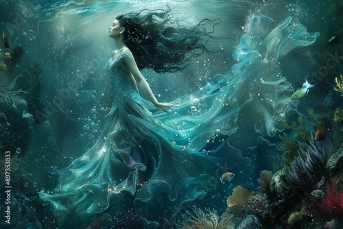 A Woman in a Blue Gown Swims Underwater © Shahrimi