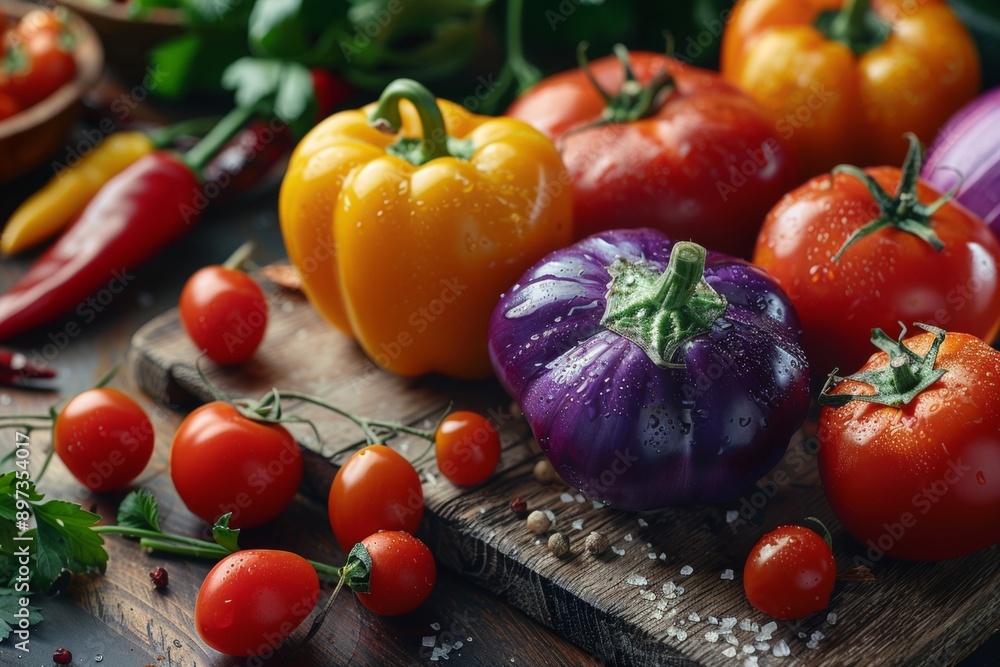 Colorful vegetables on a wooden background, in a top view, as a flat lay