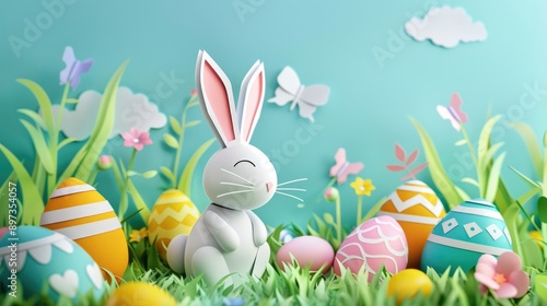 Cheerful bunny with colorful pastel Easter eggs in 3D paper art, Happy Easter Day.