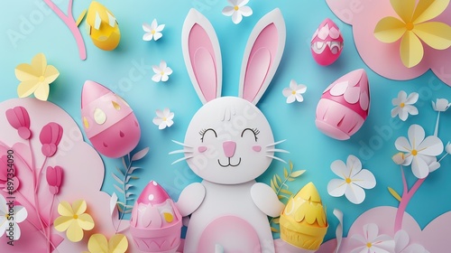 Cheerful bunny with colorful pastel Easter eggs in 3D paper art, Happy Easter Day.